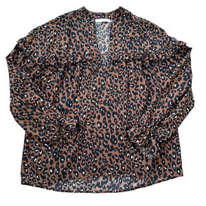 Karlie Leopard Print V-Neck Ruffle Blouse Women's Small Oversized 3/4 Sleeve